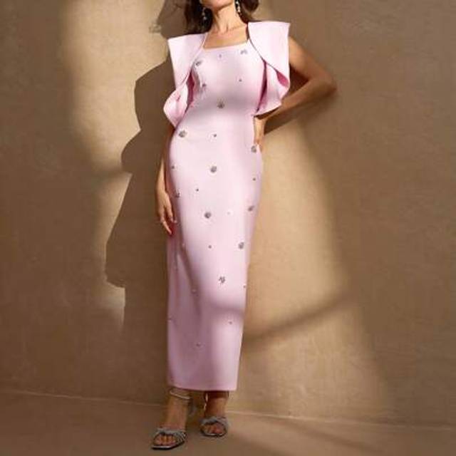 SHEIN Women&#39;s Solid Color Square Neck Elegant Beaded Long Fitted Formal Dress With Asymmetrical Cuffs, Party Dress, Gown, For Evening, Wedding Guest
