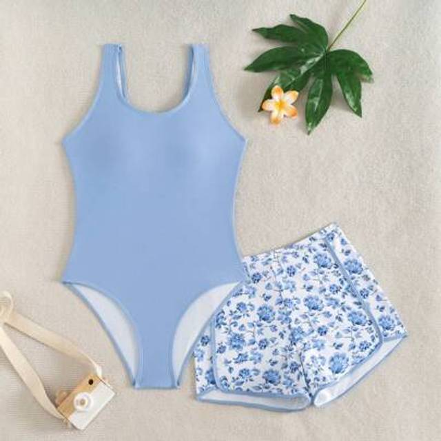 SHEIN Teen Girls&#39; Summer Beach Vacation Solid One-Piece Swimsuit With Floral Print Cover-Up & Shorts Set Young Girls Sets Summer Sets For Girls Teen Girls S