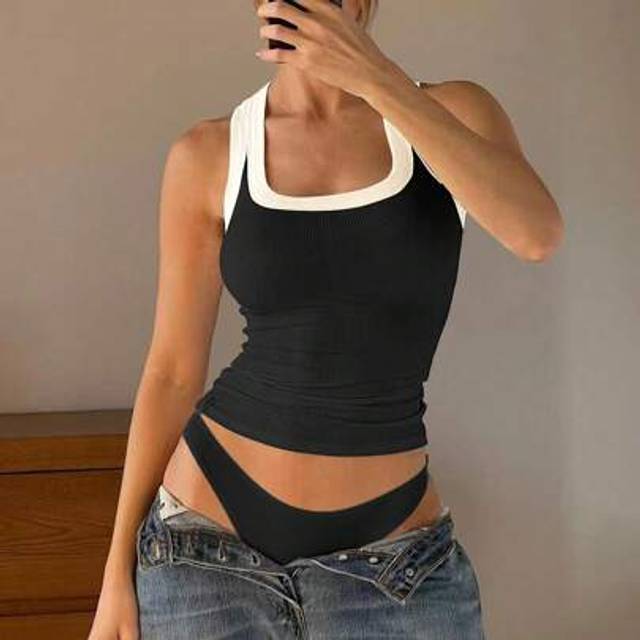 SHEIN Mystra Summer Simple Retro Solid Color Ribbed Knit Sexy Casual U Neck Crisscross Back Tank Top