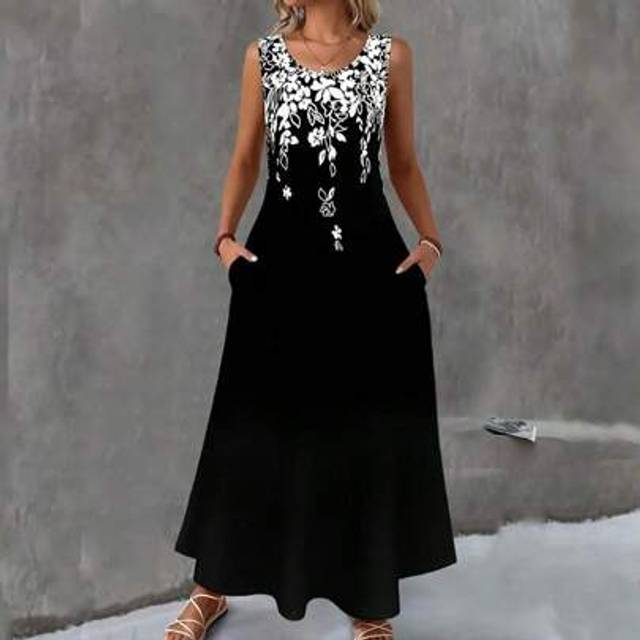 SHEIN Women&#39;s Summer Dress, Fashionable Flower Print Sleeveless Vest Dress, Round Neck Pocket, Casual, Slimming, Plus Size, Women&#39;s Dress