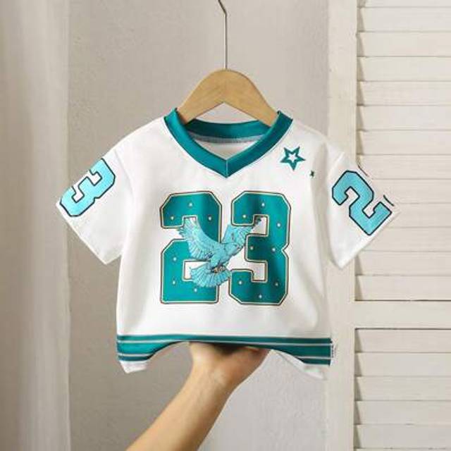 SHEIN Baby Girl Toddler/Newborn 0-3 Years Old Casual Daily Sports Hockey/Football/Basketball Jersey, Spring/Summer Fashion Long Sleeve V-Neck T-Shirt