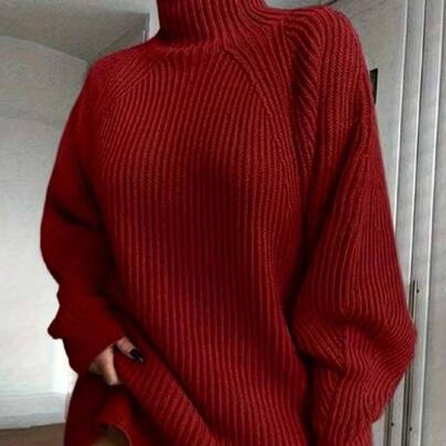 SHEIN Plus Size Solid Color Turtleneck Long Sleeve Loose Knitted Sweater Dress, Casual Everyday Wear, Winter