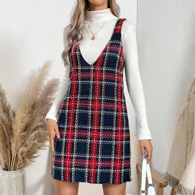 Luneh Plaid Print Overall Dress Without Sweater