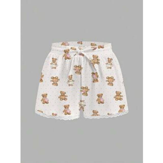 SHEIN Casual Minimalist Polka Dot Bear Pattern Elastic Waist Drawstring Lace Patchwork Shorts