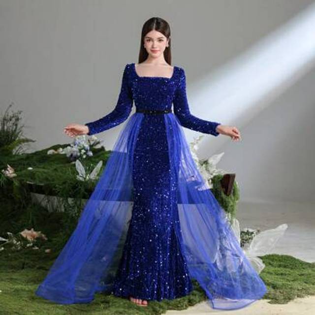 SHEIN Teen Girls&#39; Enchanting Girls&#39; Sequin Mermaid Gown With Square Neckline & Long Sleeves â Sheer Tulle Overlay Train, Sparkling Formal Dress For Gradua