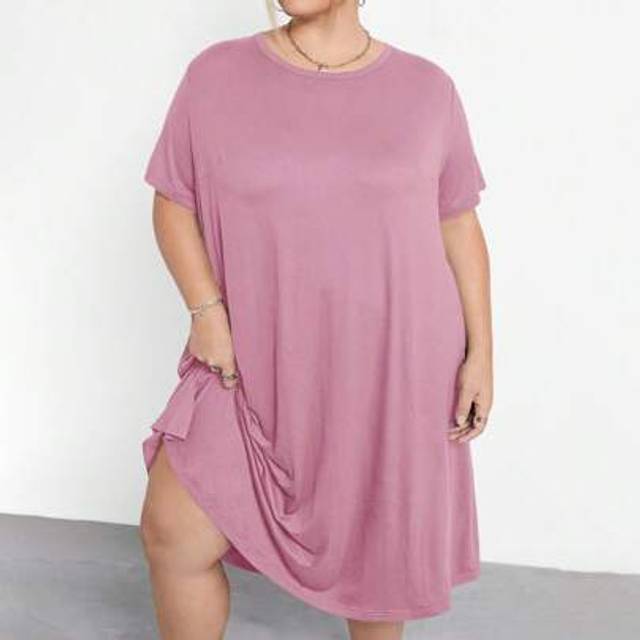 SHEIN Plus Size Comfortable Stretch Long Black Casual T-Shirt Dress, Basic Versatile Summer Outfit