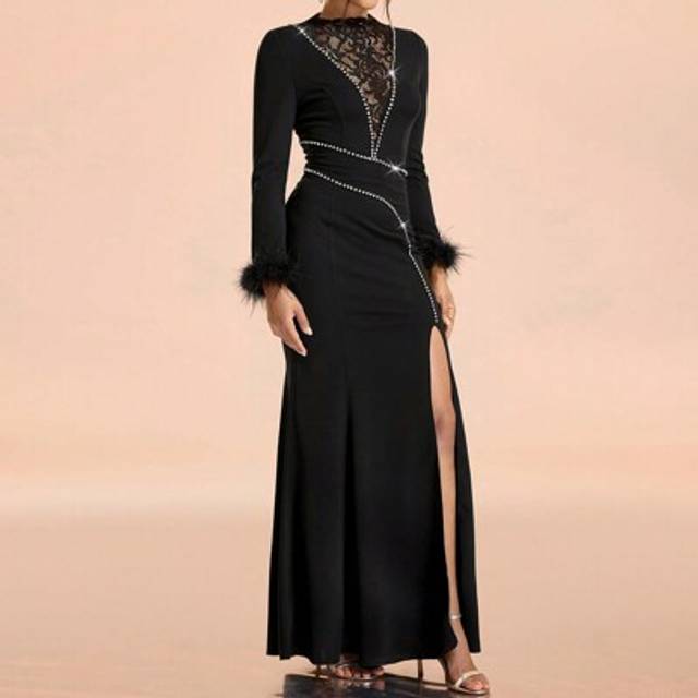 SHEIN Women&#39;s Elegant Christmas Contrast Lace Knitted Long Sleeve Rhinestone Embellished Bodycon Slit Midi Dress, Black Formal Evening Prom Gown, For Weddin