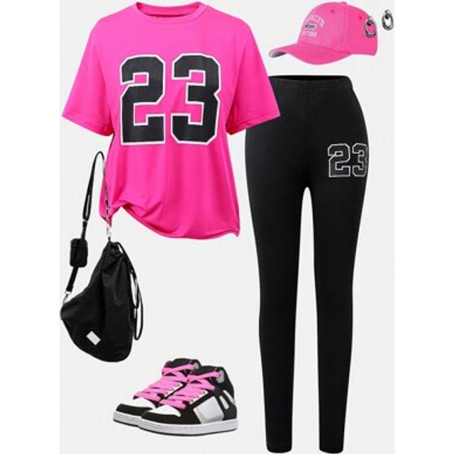 SHEIN 2pcs/Set Teen Girls Casual Streetwear Magenta Short Sleeve T-Shirt And Cycling Leggings Outfit