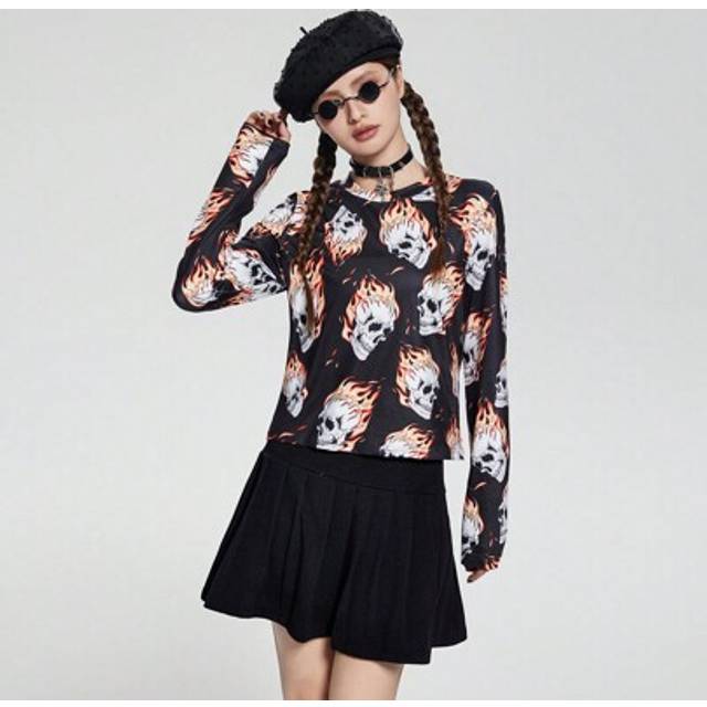 SHEIN 2pcs/Set Teenage Girls Dark Punk Graphic Print T-Shirt & Pleated Knit Skirt