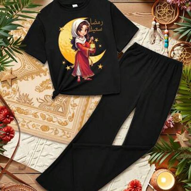 SHEIN 2pcs/Set Ramadan Modest Princess Moon & Star Graphic Tween Girls Casual Crew Neck Short Sleeve T-Shirt & Flare Pants Set, Suitable For Spring/Summer