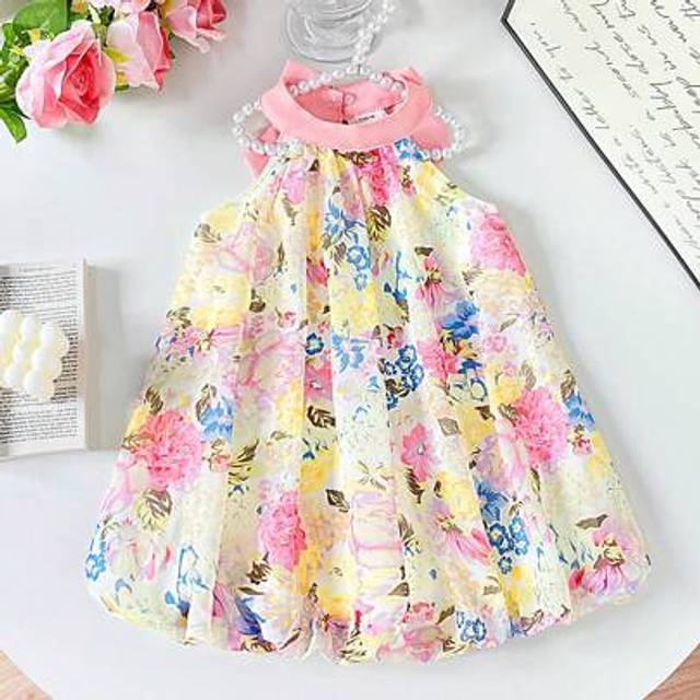 SHEIN Baby Girl&#39;s Floral Halter Neck Bubble Hem Dress With A Bowknot. New Products For Spring, Autumn And Summer Are Now On The Market. It Is Comfortable, C