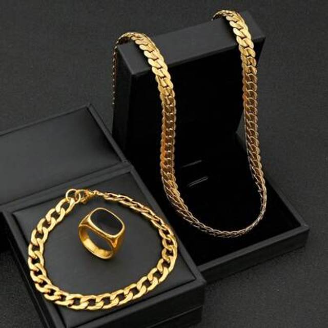 SHEIN Men&#39;s Jewelry Set Chunky Golden Necklace Embossed Bracelet Ring Hip Hop Fashion Stainless Steel Jewelry Suitable For Holiday Gift Party Jewelry (Item