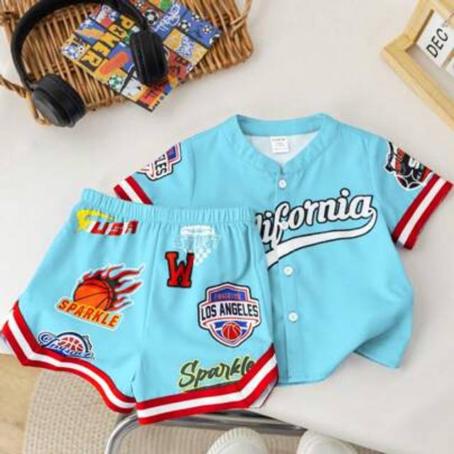 SHEIN 2pcs Baby Boy Contrast Color Letter Print Short Sleeve Cardigan Top & Shorts Sports Outfit, Summer