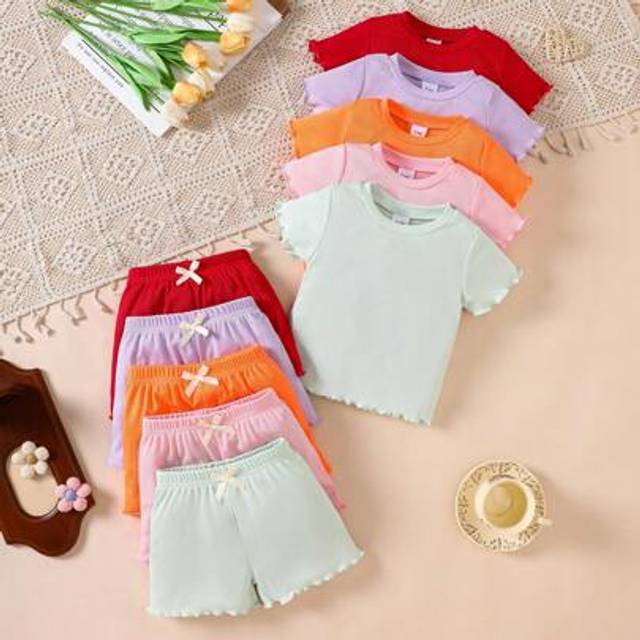 SHEIN 5sets Of 10pcs Girls Baby Outfits, Soft Solid Color Rib Knit Short Sleeve Tops With Bow Shorts Sets, Suitable For Outdoor Activities