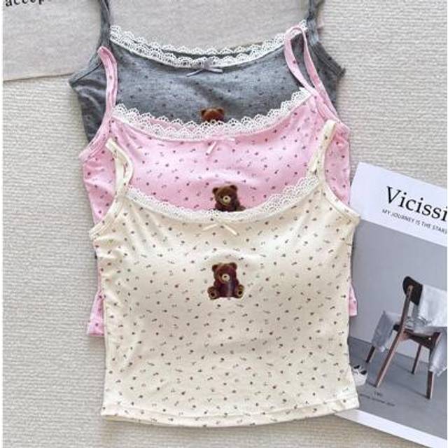 SHEIN 3pcs/Set Teen Girls Cute Floral Bear Lace Trim Camisole Tank Tops, Non-Removable Padded, Can Be Worn As Innerwear Or Outerwear, Suitable For Spring, S
