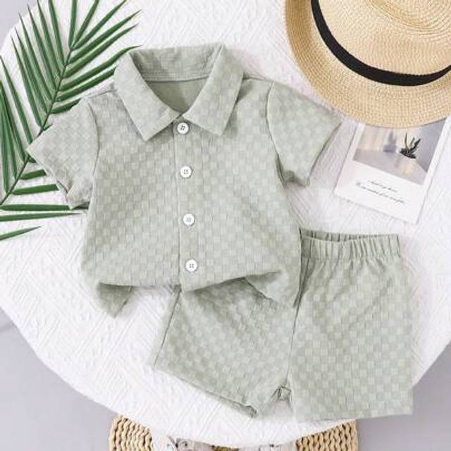 SHEIN 2pcs Infant Baby Boys Casual Everyday Versatile All-Match Solid Texture Fabric Shirt & Shorts Fashion Street Chic Outfit, Suitable For Outdoor Activit