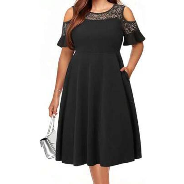 SHEIN Women Cold Shoulder Dress Casual Summer Lace Patchwork Plus Size A-Line Party Dress For Cocktail Streetwear