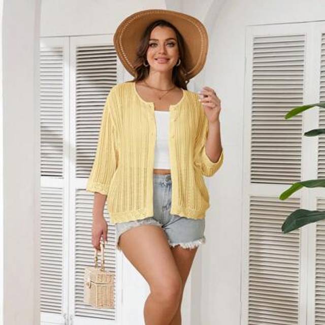 SHEIN Plus Size Women 3/4 Sleeve Hollow Out Single Breasted Casual Cardigan