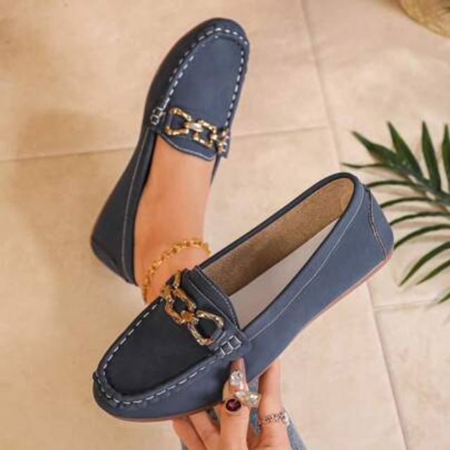 SHEIN Women Flat Loafers Spring/Summer New Handmade Stitched Slip-On Round Toe Comfortable Outdoor Casual Versatile Shoes, Navy All-Match Soft Moccasins