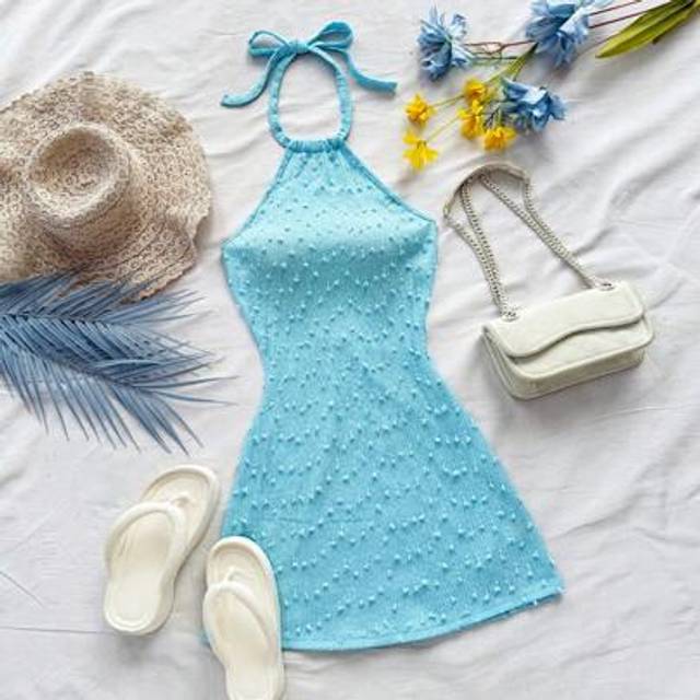 Soleia Women&#39;s Boho Mini Dress - Light Blue Knitted Halter Neck Sleeveless Summer Dress With Knot Details