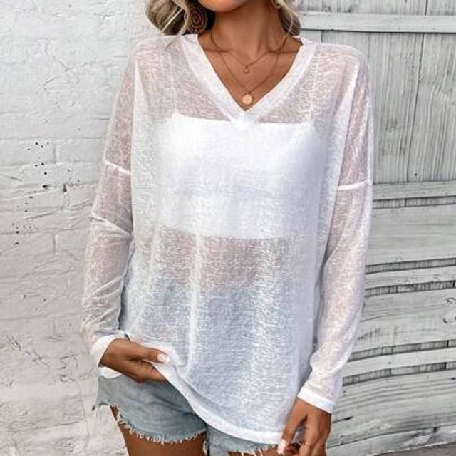 SHEIN Women&#39;s Solid V-Neck Drop Shoulder Loose Fashion Sheer Blouse