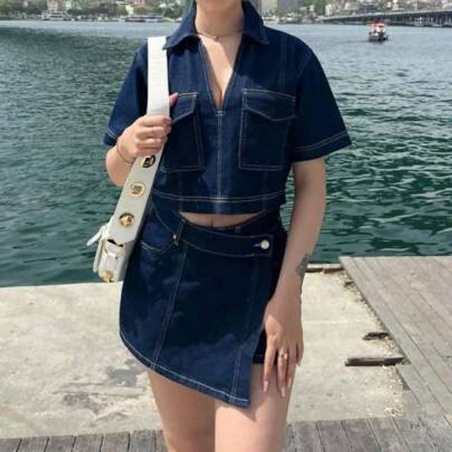 SHEIN Womens 2 Piece Denim Outfits Short Sleeve Lapel Jean Tops And Asymmetrical Shorts Set Streetwear