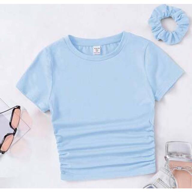SHEIN Tween Girls&#39; Casual Short Sleeve T-Shirt With Side Pleats And Hair Tie, Round Neck