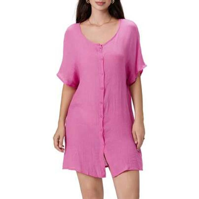 SHEIN Plus Size Women Bikini Cover-Ups Solid Color Crew Neck Short Sleeve Button-Down Summer Shirts Mini Beach Dress