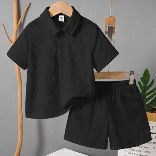 SHEIN 2 Packs Young Boys Boys&#39; Casual Sports College Art Retro With Door Tube Lapel POLO Shirt And Shorts Set Kids Outfits Young Boy Clothes Back To School