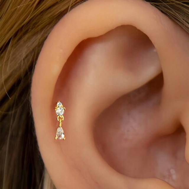 SHEIN 1pc Gold Tiny Dangle Internally Threaded Labret | 925 Sterling Silver Hypoallergenic Stud Earrings | Cartilage Helix Studflat | Back Labret Stud | For