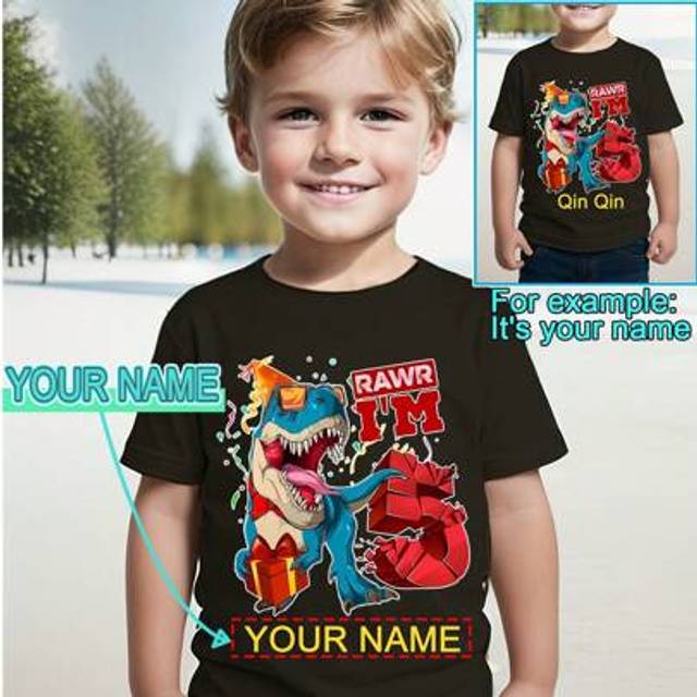 SHEIN RAWR I&#39;M 5 Birthday Gift Dinosaur Personalized Name Customized Graphic Print Toddler Boy Fashion T-Shirt, Children Active Short Sleeve Top, Black, Fas