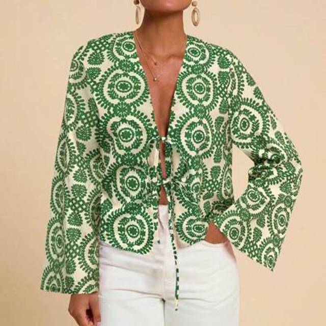 Travachic Vacation Chiffon Retro Print Front Bow Long Sleeve Loose Fit Blouse,Summer Outfits For Women,Beachwear,Spring And Summer,Easter,Beach Outfits For Woma
