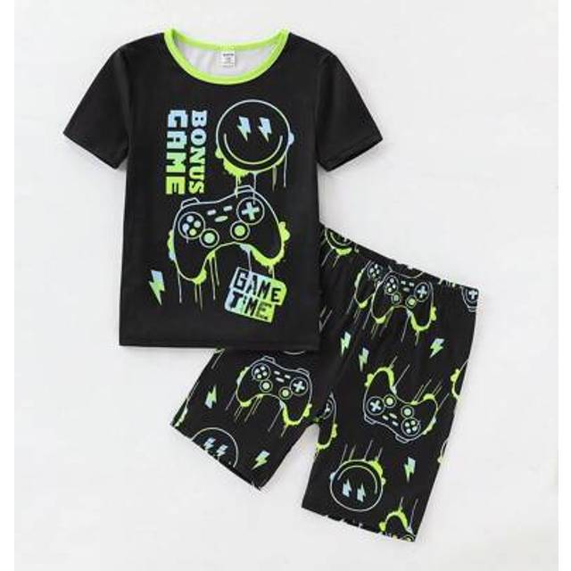 SHEIN 2pcs/Set Tween Boys Black Minimalist Video Game Graphic Print Snug Fit Short Sleeve Top And Shorts Loungewear Set