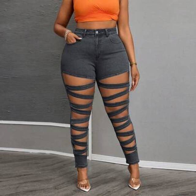 SHEIN Plus Size Sexy Lace-Up Hollow Out Skinny Jeans