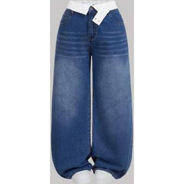 SHEIN MOD Plus Size Women&#39;s White Collar Waist Wide Leg Blue Denim Jeans,Summer Outfits For Women,Graduation Jeans,Country Concert Outfit,Brunch Outfits For