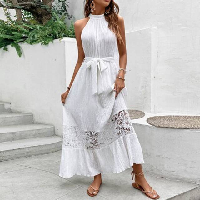 Breezaya Contrast Guipure Lace Layered Hem Belted Halter Dress Maxi Vacation Beach Outfits Women