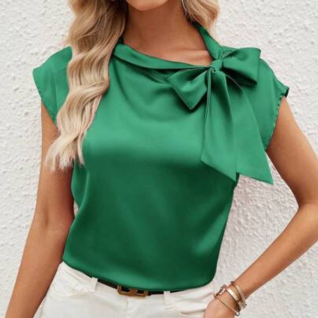 SHEIN Elegant Women&#39;s Green Tie Neck Blouse With Cap Sleeves And Knot Detail