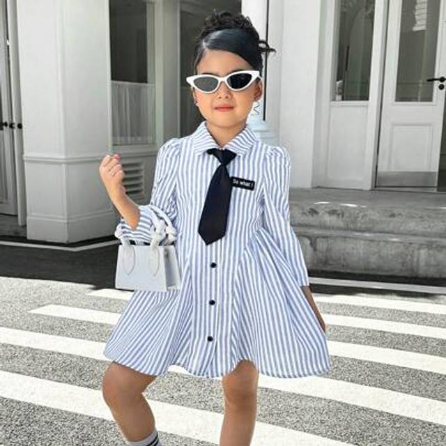 SHEIN Young Girl Casual Matching Mother-Daughter Woven Long Sleeve Striped Collar Belted Casual Dress, Autumn/Winter, Autumn/Winter For Back To School Seaso