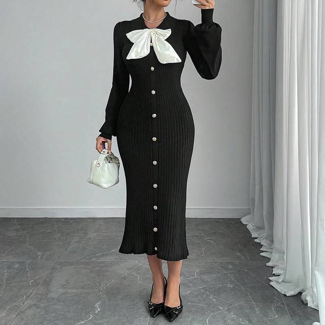 Rafferiza New Slim Fit, Vintage-Inspired Elegant Black Dress With White Bow & Lantern Sleeves, Autumn/Winter