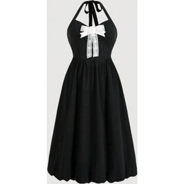 SHEIN Summer Plus Size Women Black Bowknot Decor  3D White Flower Bud Hem Halter Neck Tie Dress