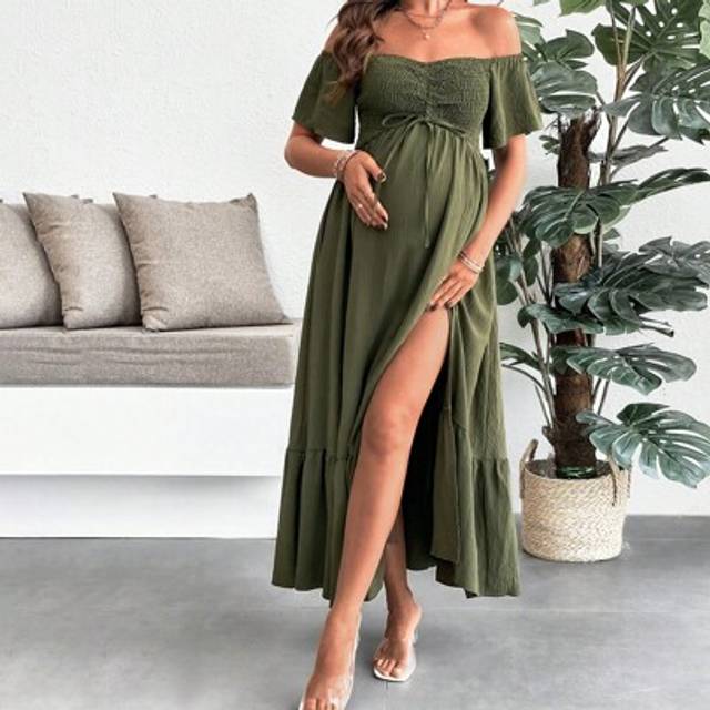 SHEIN Pregnant Women&#39;s Solid Color Tie Front Off Shoulder Casual Dress Maternity Dress For Vacation