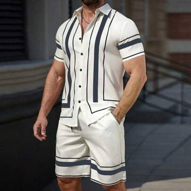 SHEIN Men&#39;s Striped Short Sleeve Single Breasted Shirt And Shorts Casual Suit