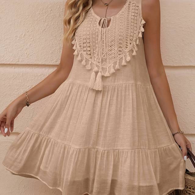 TEMU Elegant White V-neck Sleeveless Dress With Lace Trim And Fringe Detail - Hem, Eyelet Embroidery, Spring/summer/fall - Women’s Fashion