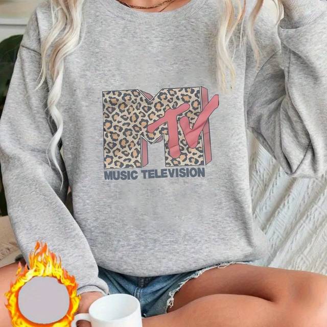 TEMU Women's Casual "mtv" Graphic Print Sweatshirt - Loose Fit, Round Neck Pullover With Fun Leopard , Knit Polyester Fabric, Perfect Gift For All , Machine Washable, Leopard Print Hoodie
