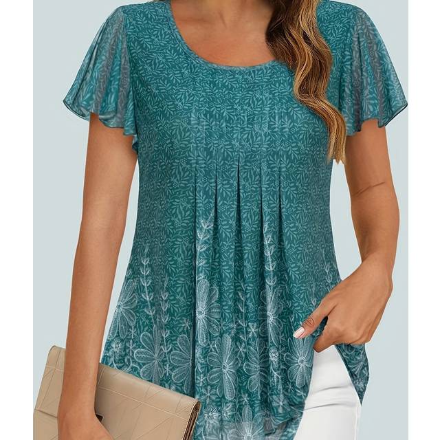 TEMU Women's Short Sleeve Tunic Tops Floral Double Layers Casual Dressy Blouse Shirts