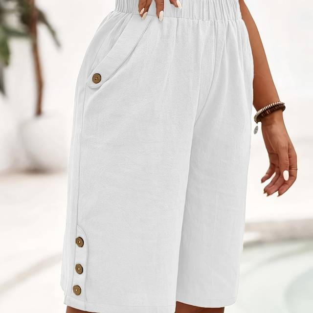 TEMU Women's Casual Beige Shorts With Decorative Buttons - Elastic Waist, Machine Washable, Pockets, Lightweight Fabric For Spring/summer/fall