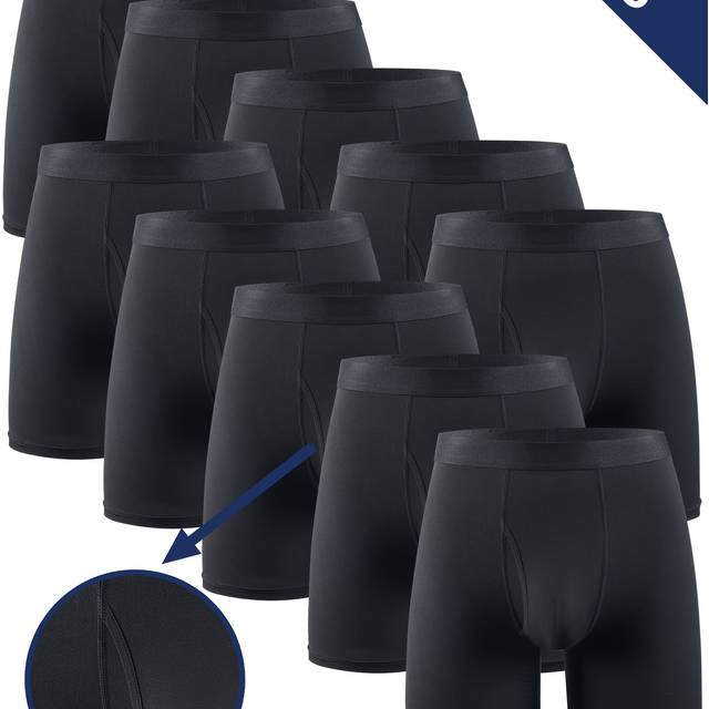 TEMU 10-pack Men's Long Front Closure Boxer Briefs, Black, Medium Waist, Comfortable -friendly Breathable, Casual Knit Fabric, Polyester 95% Spandex 5%, Solid Color, 150 Gsm