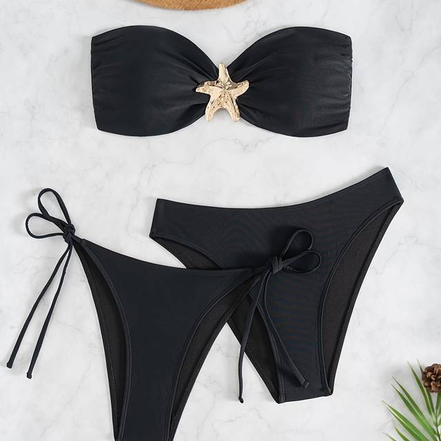 TEMU Zhuiyun Black Low-rise Bikini Set With Metallic Starfish Detail, Polyamide 82% Elastane 18%, Bandeau Top With Lace-up Bottoms, High Stretch Knit Fabric, Solid Color Swimwear For Women