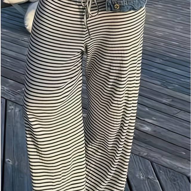 TEMU Women's High-waist Striped Wide-leg Pants With Drawstring - Casual, Loose-fit, Long Trousers, Polyester , Machine Washable - Spring/summer, Beachwear Bottoms|highwaist Pants|stylish Stripes