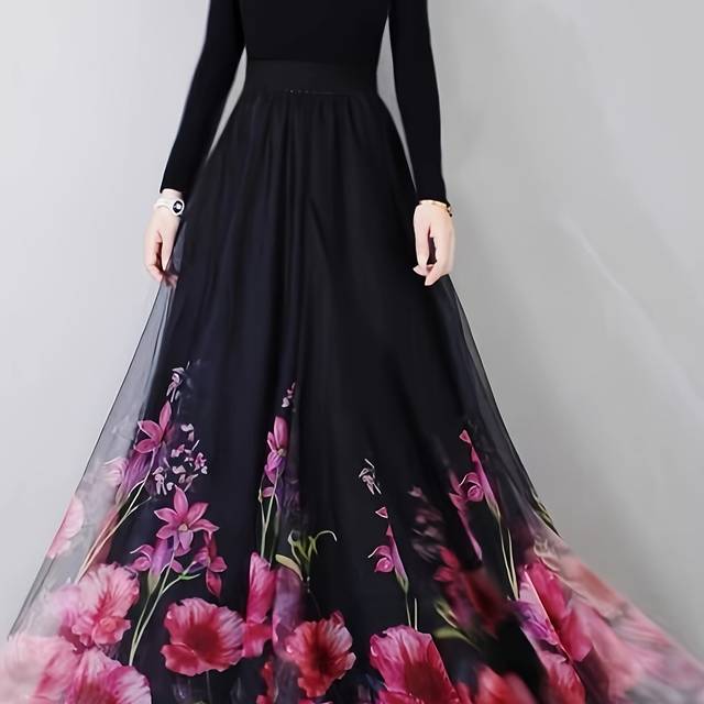 TEMU Elegant Floral Print A-line Midi Skirt With Sheer Overlay And Gathered Waist - Chic Spring/summer Long Skirt For Women, Polyester, Vibrant Pink And Red Flowers On Black Background, Wear